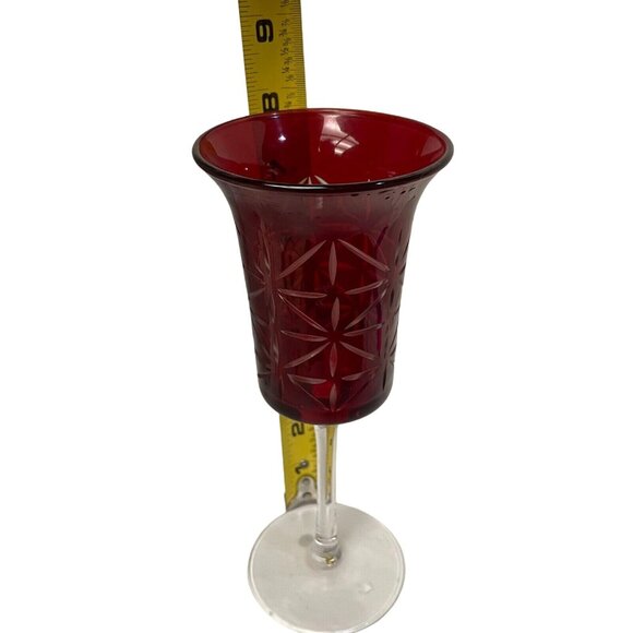 Candle Holder Red Cut Clear Glass Votive Star Starburst Stem Home Decor Holiday - Picture 6 of 7